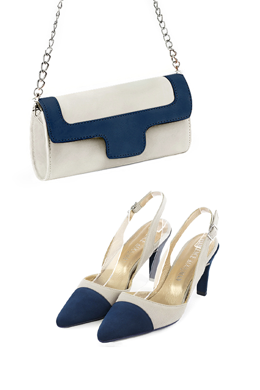 Women's off white and navy blue luxurious elegant clutch for ceremonies, weddings and evenings out. - Worn view